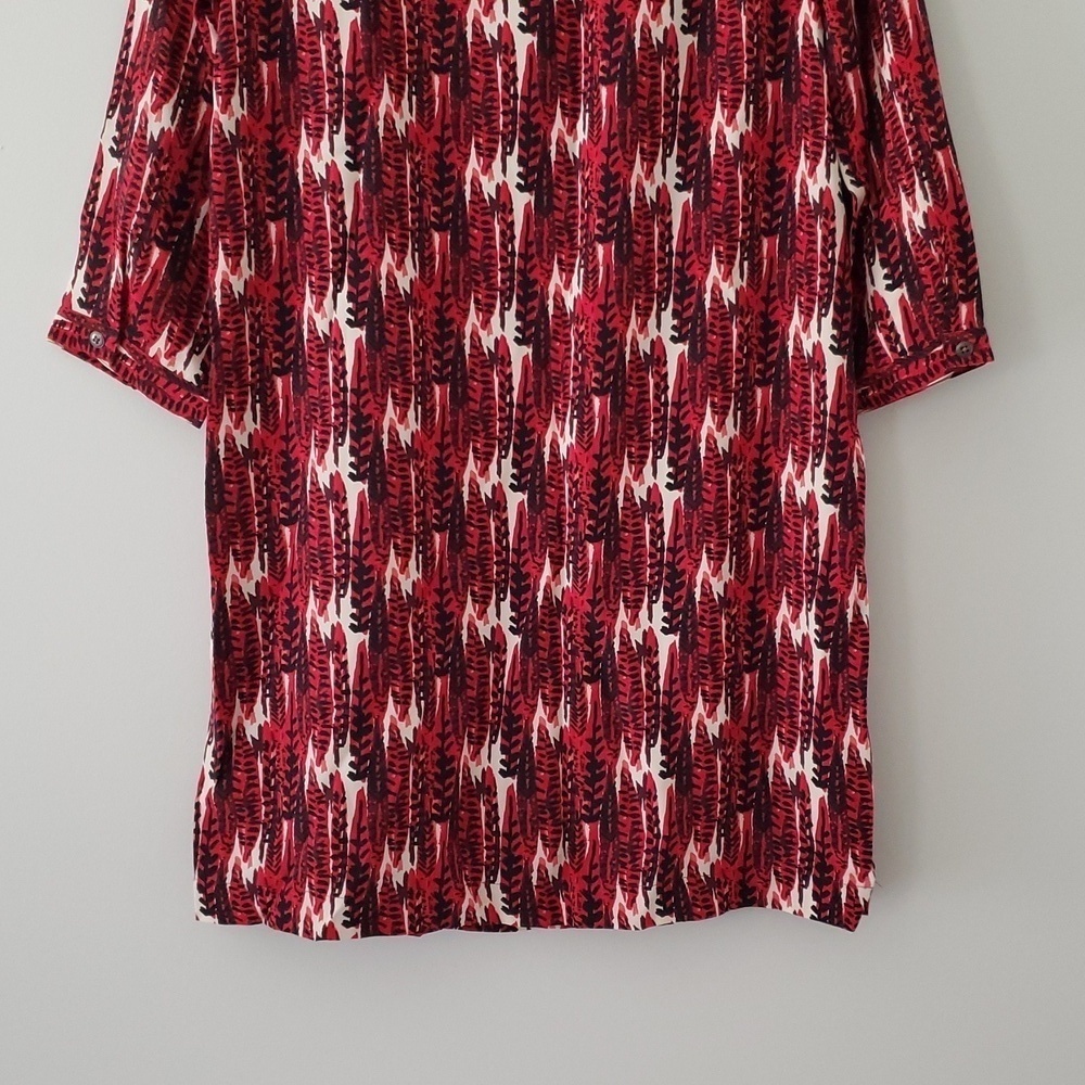 Fossil 100% Silk Mini Shift Dress Small Red Feather Print Boho Artsy Lightweight - Picture 7 of 14